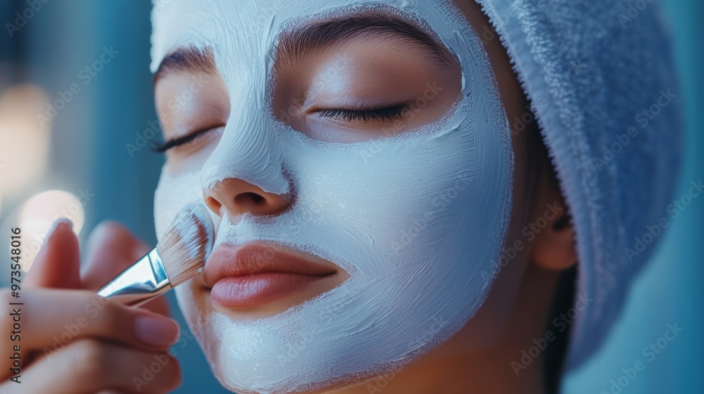 Close-up of a woman applying a face mask with a brush. Close-up of a woman applying a face mask with a brush.