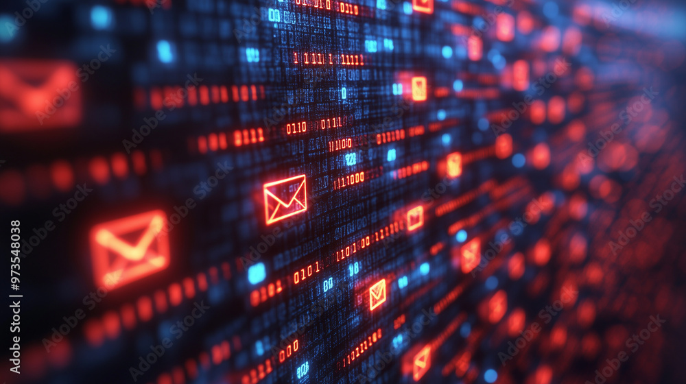 An online dating scam illustrated with fake profiles and suspicious messages, with cybersecurity measures flagging the activity.