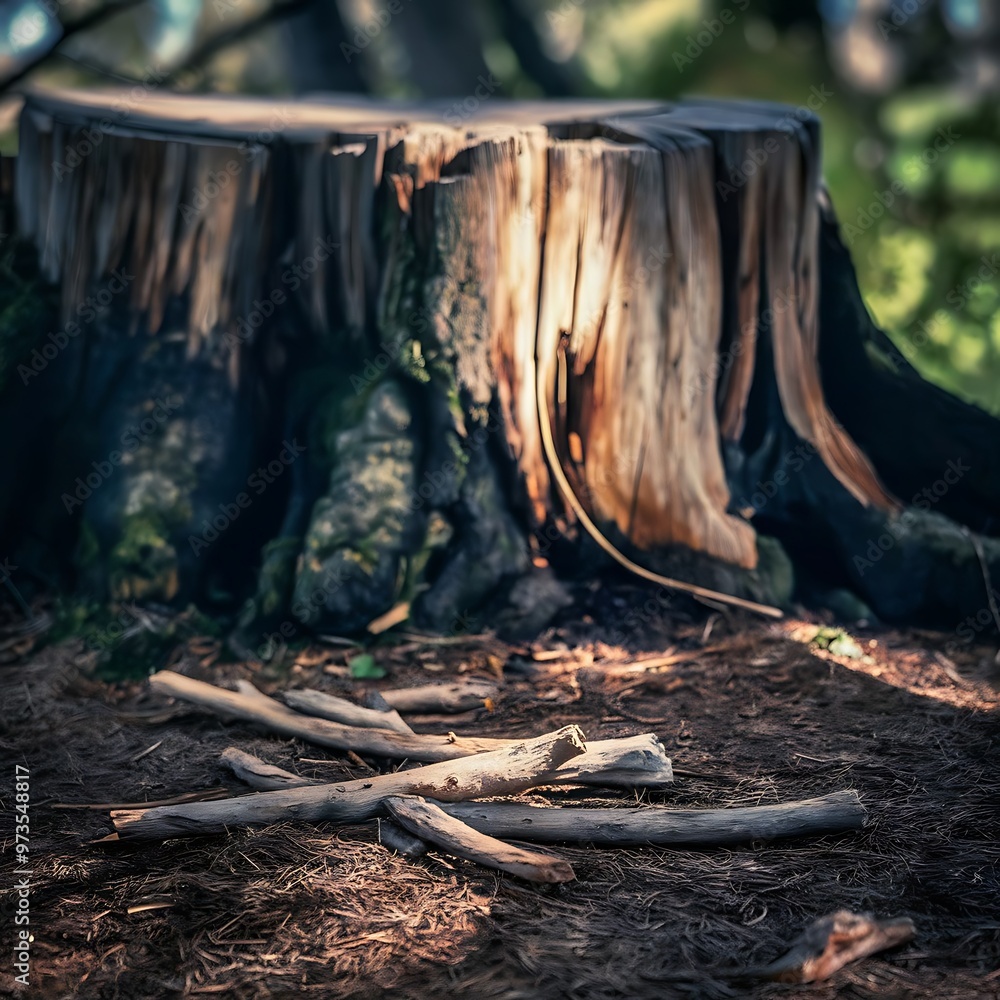 Sunshine on tree stump near sticks on ground Sunshine on tree stump near sticks on ground