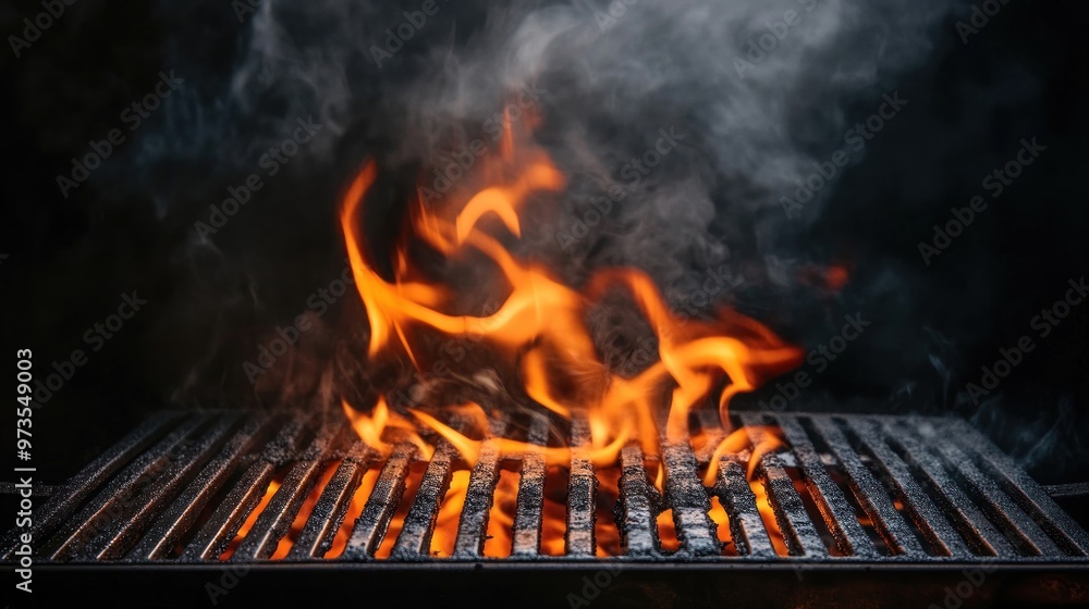 Close-up of a hot grill with flames and smoke. Close-up of a hot grill with flames and smoke.