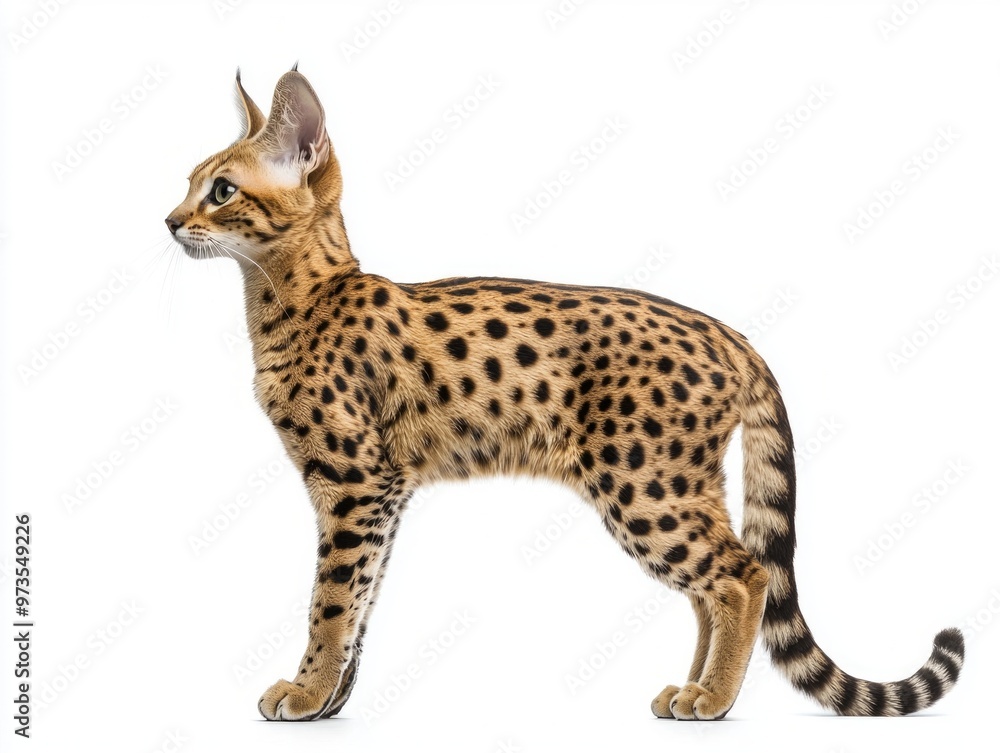 Savannah cat stands proudly on a plain white backdrop, flaunting its stunning spotted coat and long legs, embodying the exotic beauty of this unique breed in a moment of poise. Savannah cat stands proudly on a plain white backdrop, flaunting its stunning spotted coat and long legs, embodying the exotic beauty of this unique breed in a moment of poise.