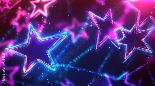 Abstract glowing pink and blue neon star shapes on a dark background.