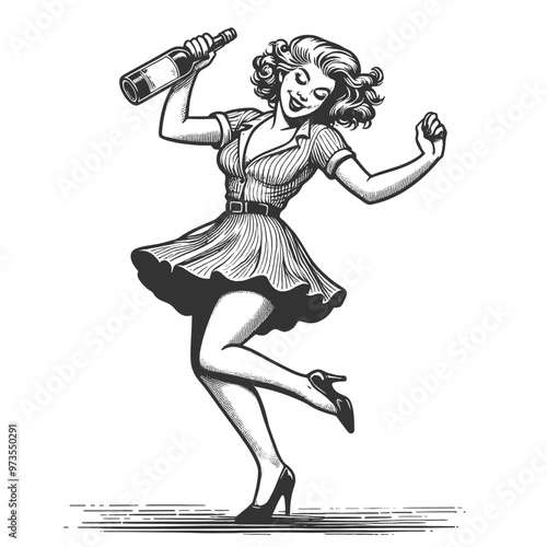 joyful woman dancing while holding a bottle, evoking a playful and celebratory mood sketch engraving generative ai vector illustration. Scratch board imitation. Black and white image.