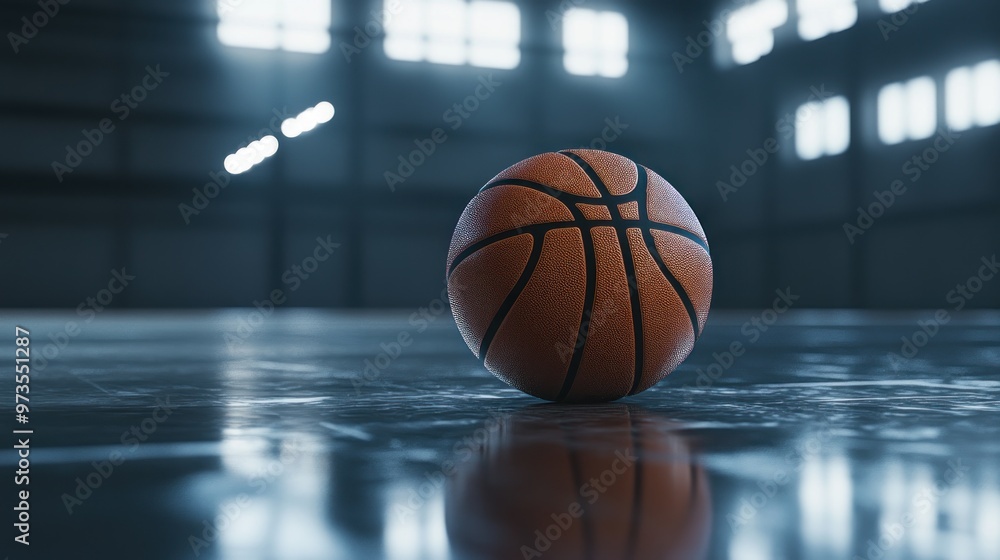 A basketball resting on a polished court floor in a dimly lit gym. A basketball resting on a polished court floor in a dimly lit gym.