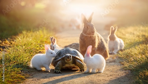 ethereal turtle leading rabbits on sunlit path whimsical fable retelling photo