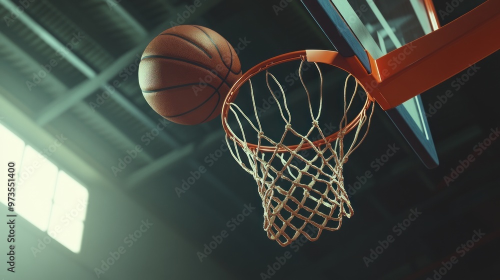 A basketball is about to enter the hoop in a gymnasium setting, capturing a moment of sport. A basketball is about to enter the hoop in a gymnasium setting, capturing a moment of sport.