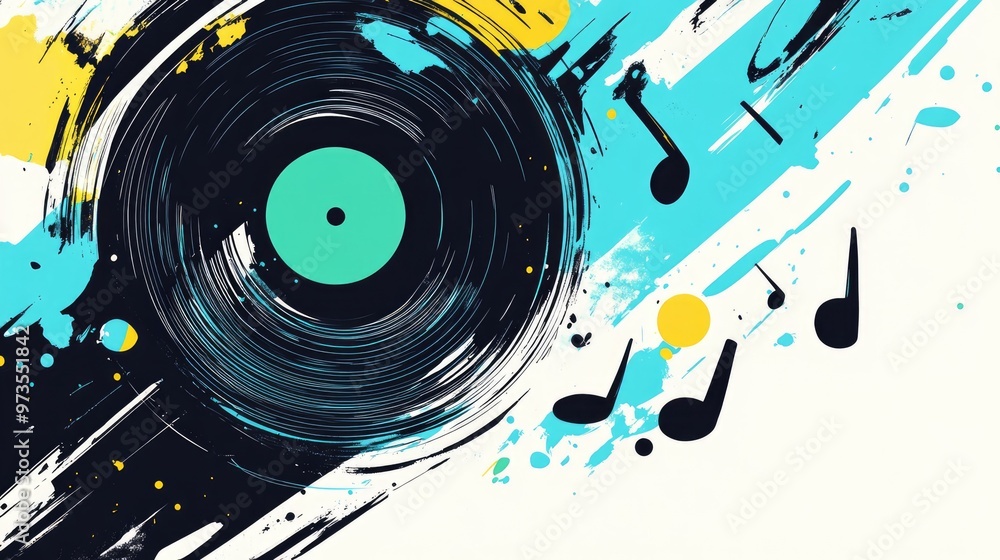 Obraz premium Vibrant and whimsical illustration of a colorful music record with notes Features bold black blue and green hues on a white backdrop Ideal for T shirt and poster designs