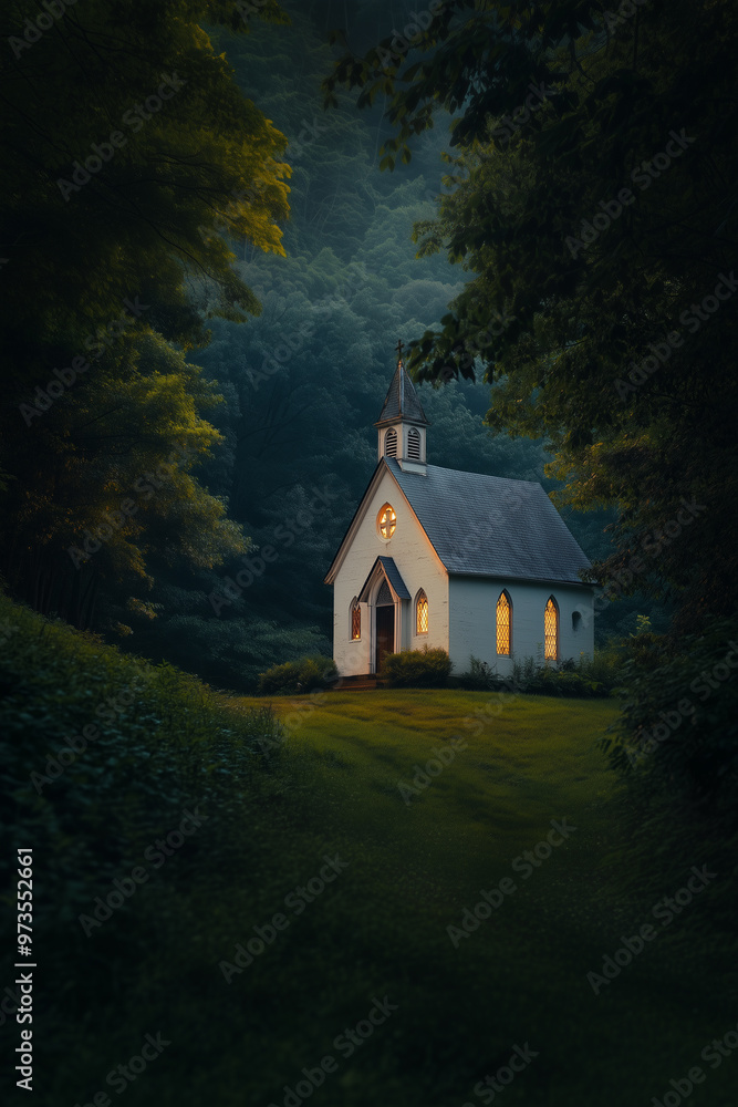 A small historic chapel bathed in soft daylight, nestled in a picturesque setting, exuding charm and timeless beauty A small historic chapel bathed in soft daylight, nestled in a picturesque setting, exuding charm and timeless beauty