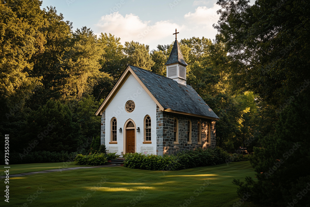 A small historic chapel bathed in soft daylight, nestled in a picturesque setting, exuding charm and timeless beauty A small historic chapel bathed in soft daylight, nestled in a picturesque setting, exuding charm and timeless beauty