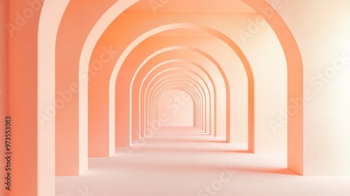 Surreal 3D rendering of an abstract arch tunnel with a pastel peach background showcasing a concept aligned with a notable color trend Dreamlike interior illustration