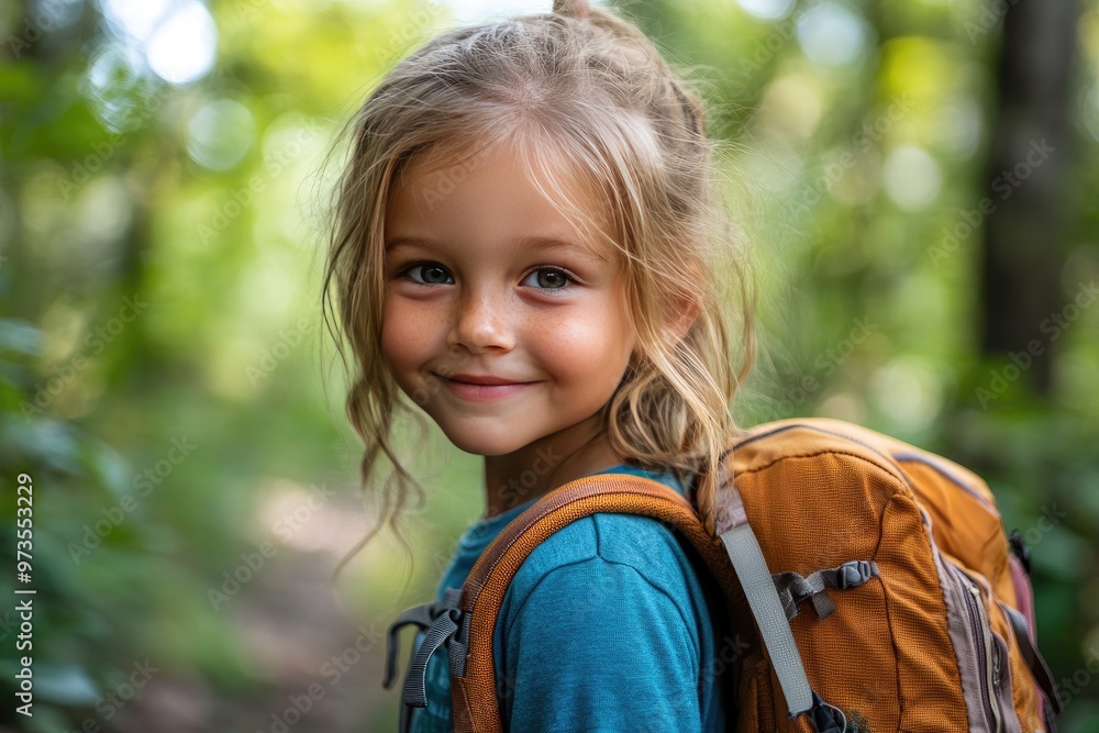 Smiling young girl with backpack. Perfect for travel, adventure, and childhood themes. Smiling young girl with backpack. Perfect for travel, adventure, and childhood themes.