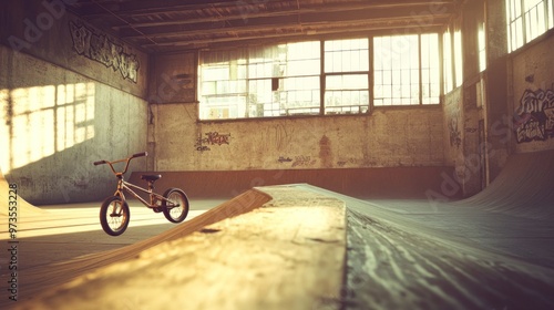 A BMX bike rests in an empty skate park, illuminated by soft natural light. photo