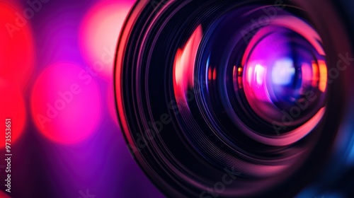 Close-up of a camera lens with blurred pink and purple bokeh lights in the background.