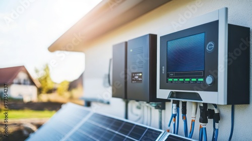 Solar panel system inverter display with a blue screen and wires.