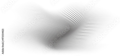 Flowing Wave Dot Halftone Pattern: Curve Gradient Shape on Transparent Background. Suitable for AI, Tech, Network, Digital, Science, and Technology Themes.