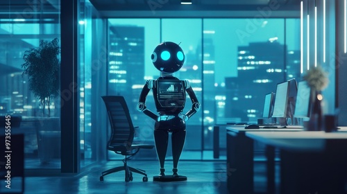 Wallpaper Mural A digital chat bot avatar floating in a high-tech office space, providing AI-powered solutions in real-time Torontodigital.ca