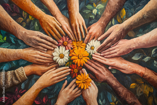 Diverse hands in a circle touching a flower represent acts of kindness, charity, and community support, emphasizing unity and mutual aid