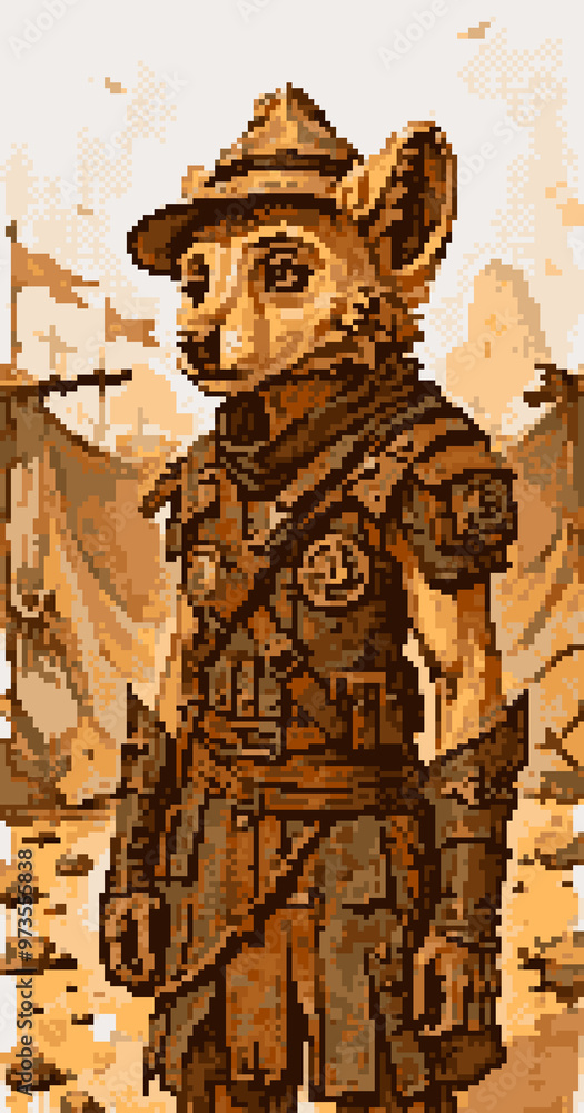 Fototapeta premium Desert gnoll at war camp, Hat in horrible desert heat, Pixel art character design