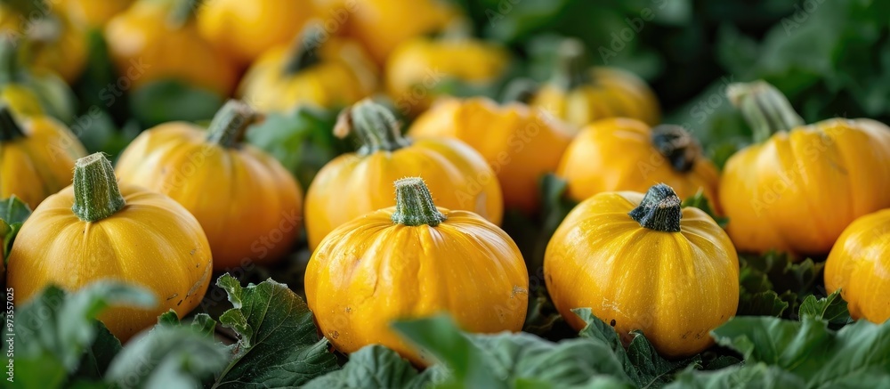 Vibrant Autumnal Pumpkin Patch with Lush Foliage Bountiful harvest of freshly grown organic orange pumpkins on the vine against a backdrop of green leaves and ground cover in a rustic farm setting Vibrant Autumnal Pumpkin Patch with Lush Foliage Bountiful harvest of freshly grown organic orange pumpkins on the vine against a backdrop of green leaves and ground cover in a rustic farm setting