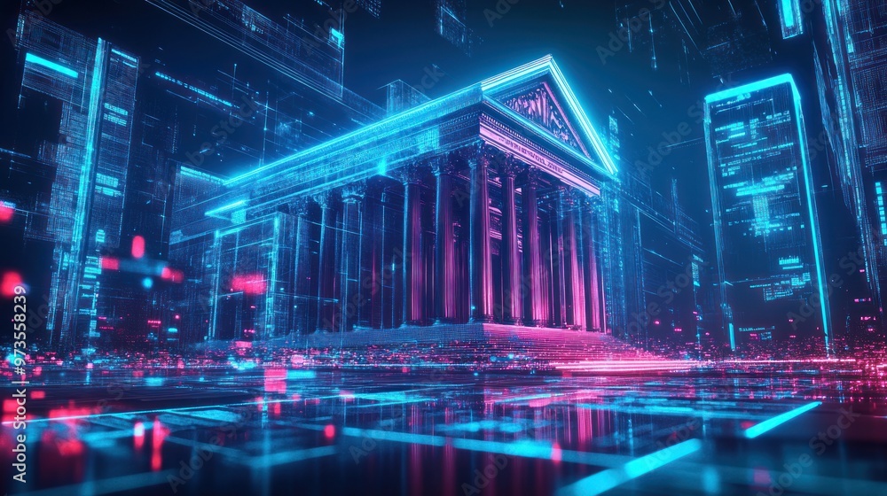 A glowing neon city with a futuristic building. A glowing neon city with a futuristic building.