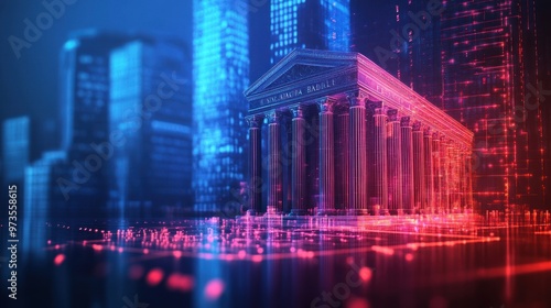 Digital rendering of an ancient temple with neon lights in a futuristic city.