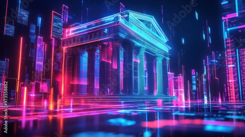 3D rendering of a neon glowing building with columns in a futuristic city with glowing neon lines.