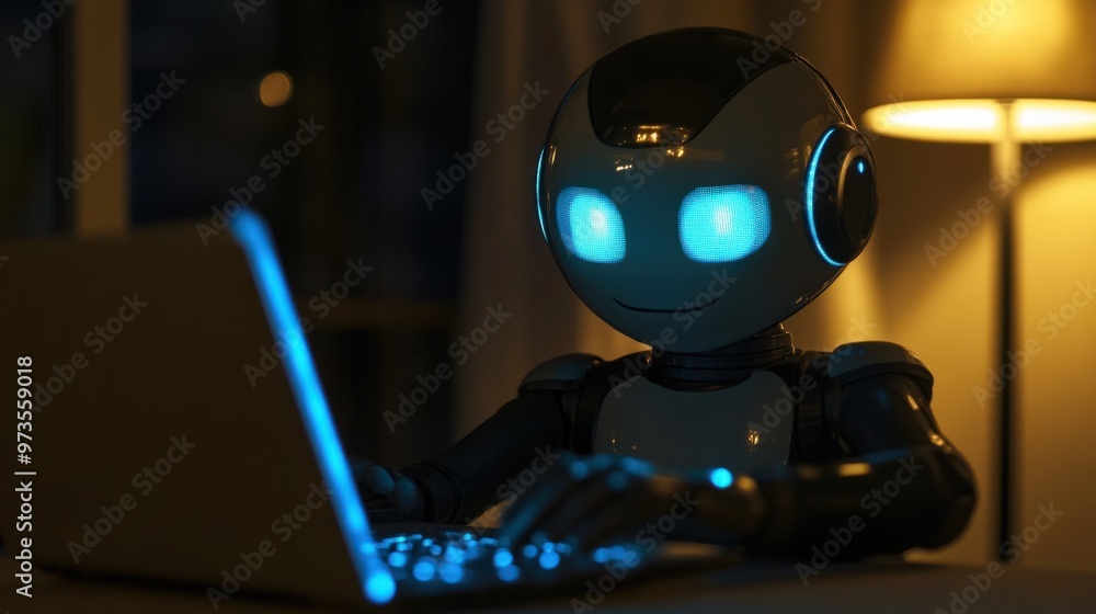 A humanoid chat robot with a glowing blue face, communicating via a laptop with a user typing on the keyboard A humanoid chat robot with a glowing blue face, communicating via a laptop with a user typing on the keyboard