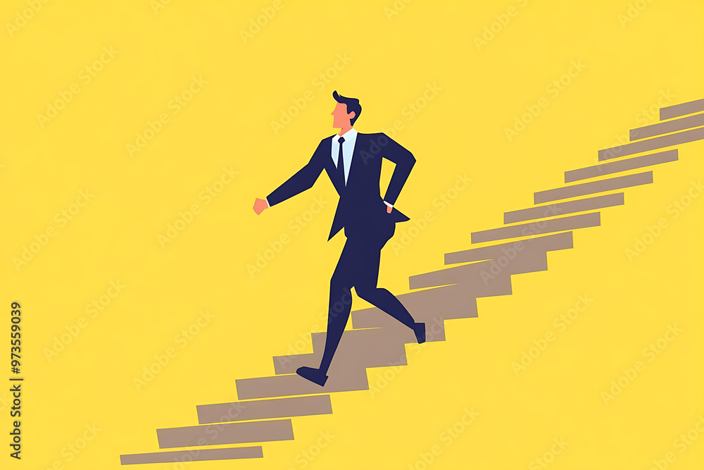 a businessman confidently running up stairs, symbolizing career growth and success. Simple shapes and vibrant colors.flat art style a businessman confidently running up stairs, symbolizing career growth and success. Simple shapes and vibrant colors.flat art style
