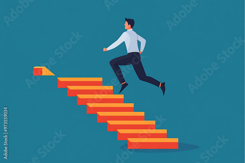 a businessman confidently running up stairs, symbolizing career growth and success. Simple shapes and vibrant colors.flat art style