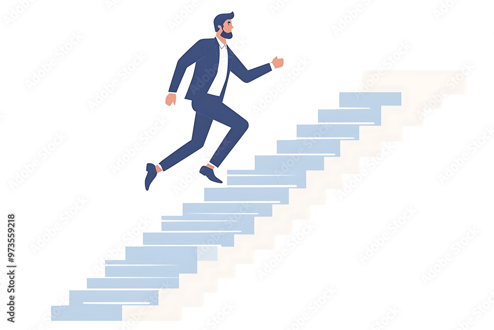 a businessman confidently running up stairs, symbolizing career growth and success. Simple shapes and vibrant colors.flat art style a businessman confidently running up stairs, symbolizing career growth and success. Simple shapes and vibrant colors.flat art style