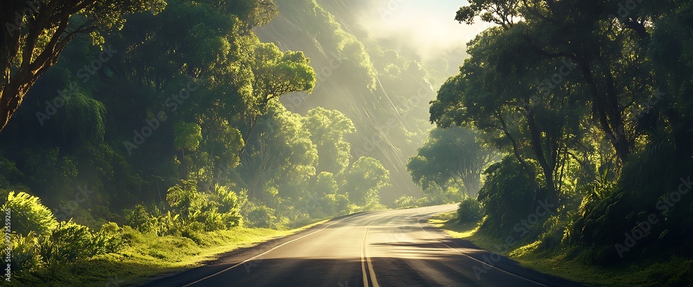 © pentolo - A winding road through a lush green forest with sunlight breaking through the trees.