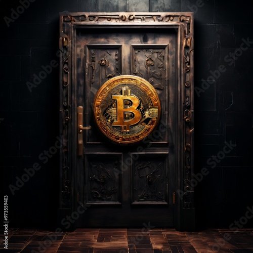 A striking image featuring a large Bitcoin emblem prominently displayed on an ornate, dark wooden door. The contrast between the golden symbol and the rich, dark wood evokes themes of security and