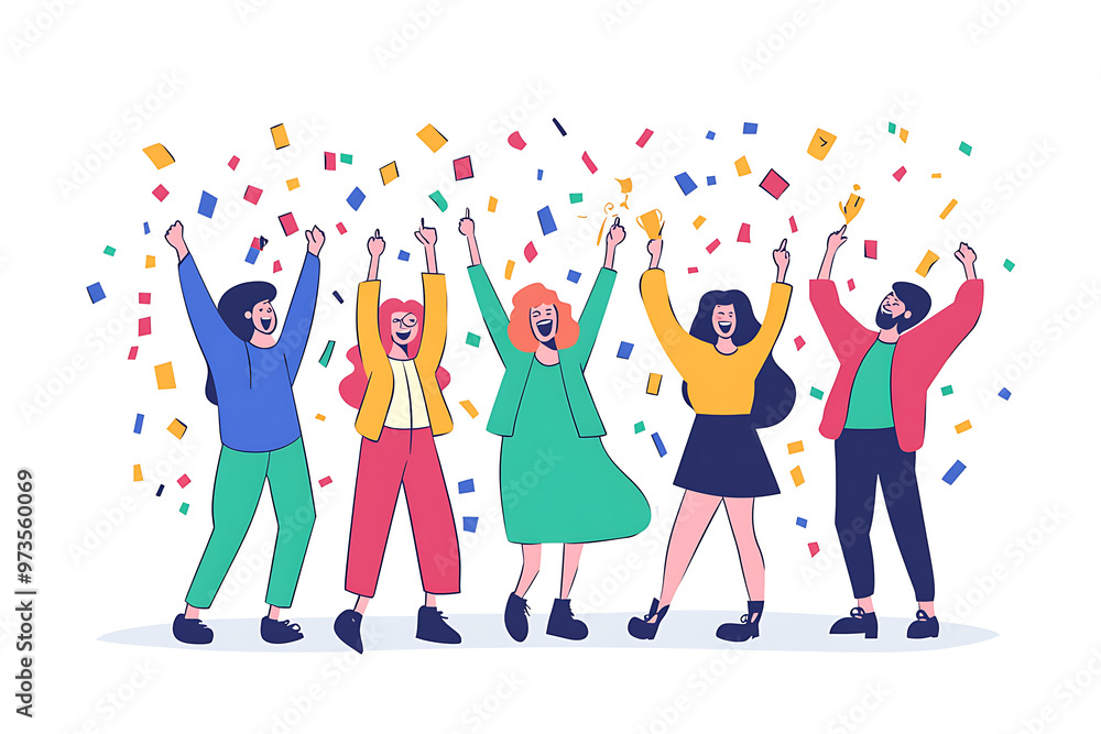 A group of office workers celebrating a successful project with confetti and cheers in a flat art style. The minimalistic design highlights teamwork and achievement A group of office workers celebrating a successful project with confetti and cheers in a flat art style. The minimalistic design highlights teamwork and achievement