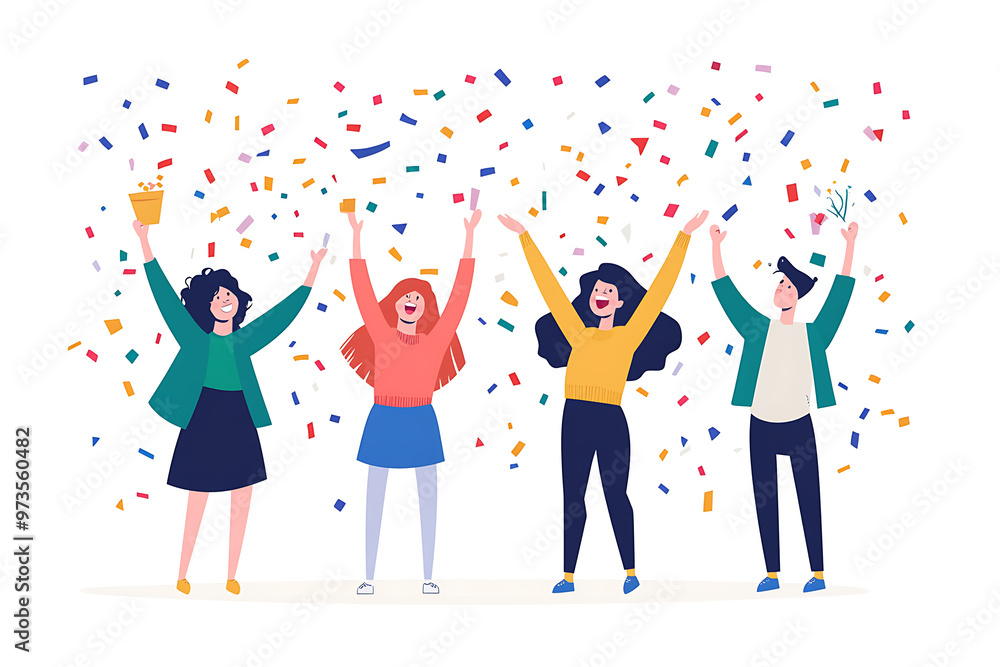 A group of office workers celebrating a successful project with confetti and cheers in a flat art style. The minimalistic design highlights teamwork and achievement A group of office workers celebrating a successful project with confetti and cheers in a flat art style. The minimalistic design highlights teamwork and achievement