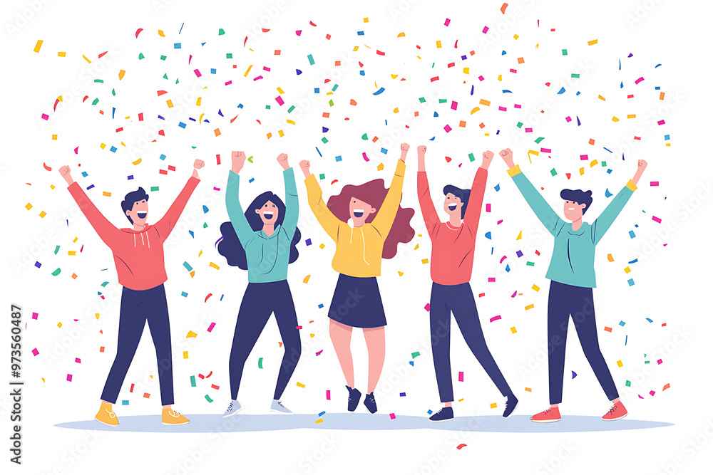 A group of office workers celebrating a successful project with confetti and cheers in a flat art style. The minimalistic design highlights teamwork and achievement A group of office workers celebrating a successful project with confetti and cheers in a flat art style. The minimalistic design highlights teamwork and achievement
