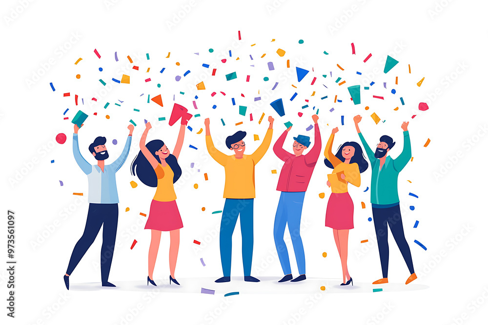 A group of office workers celebrating a successful project with confetti and cheers in a flat art style. The minimalistic design highlights teamwork and achievement A group of office workers celebrating a successful project with confetti and cheers in a flat art style. The minimalistic design highlights teamwork and achievement