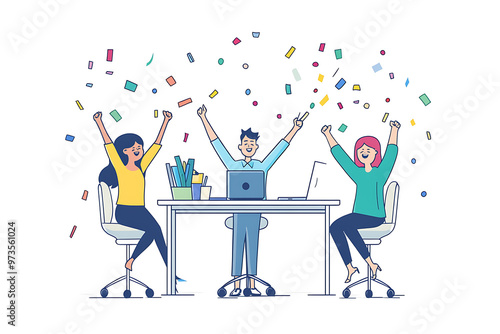 A group of office workers celebrating a successful project with confetti and cheers in a flat art style. The minimalistic design highlights teamwork and achievement photo