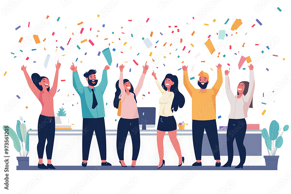 A group of office workers celebrating a successful project with confetti and cheers in a flat art style. The minimalistic design highlights teamwork and achievement A group of office workers celebrating a successful project with confetti and cheers in a flat art style. The minimalistic design highlights teamwork and achievement