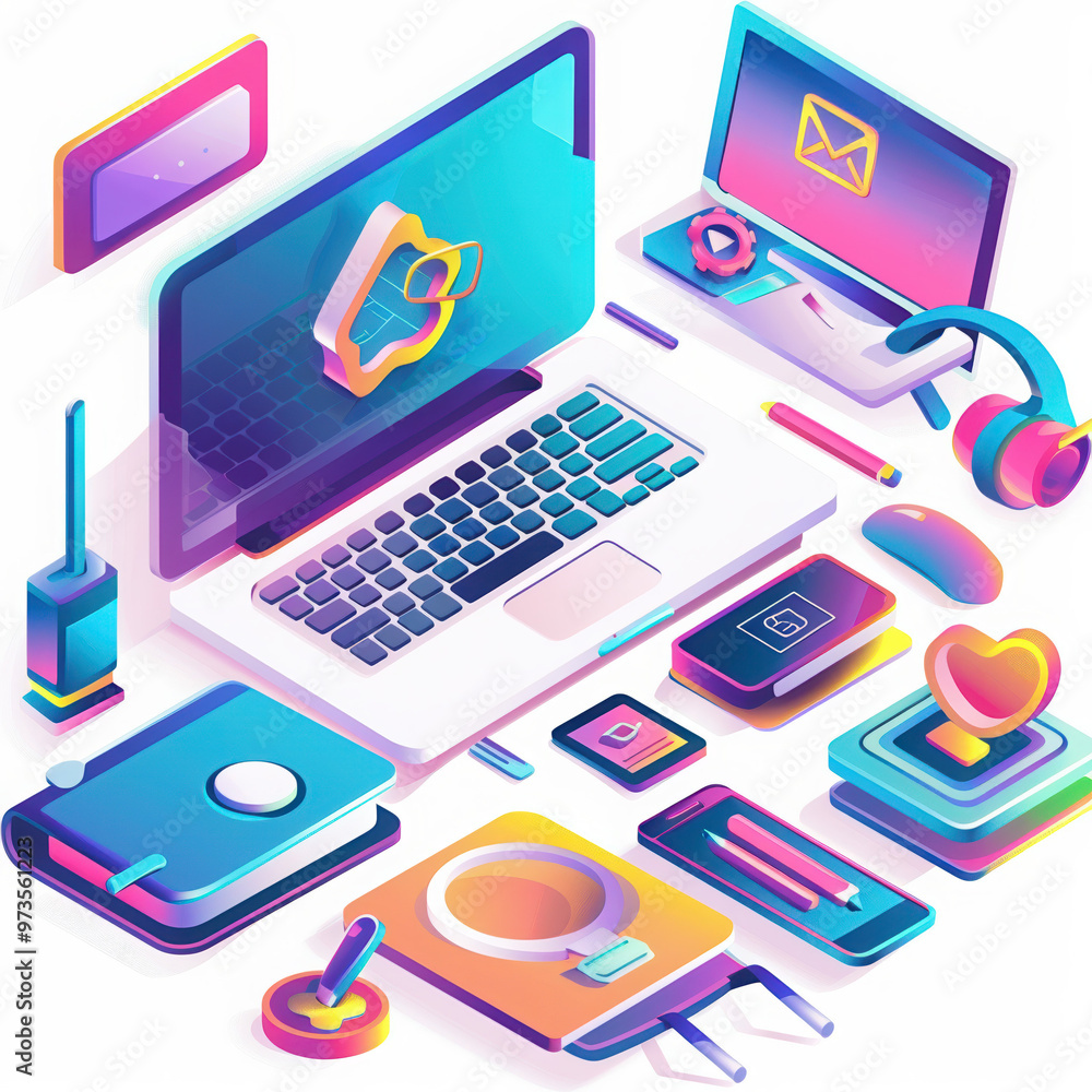 technology digital laptop gadgets isometric illustration devices neon colorful modern workspace office communication creative futuristic network internet design technology digital laptop gadgets isometric illustration devices neon colorful modern workspace office communication creative futuristic network internet design