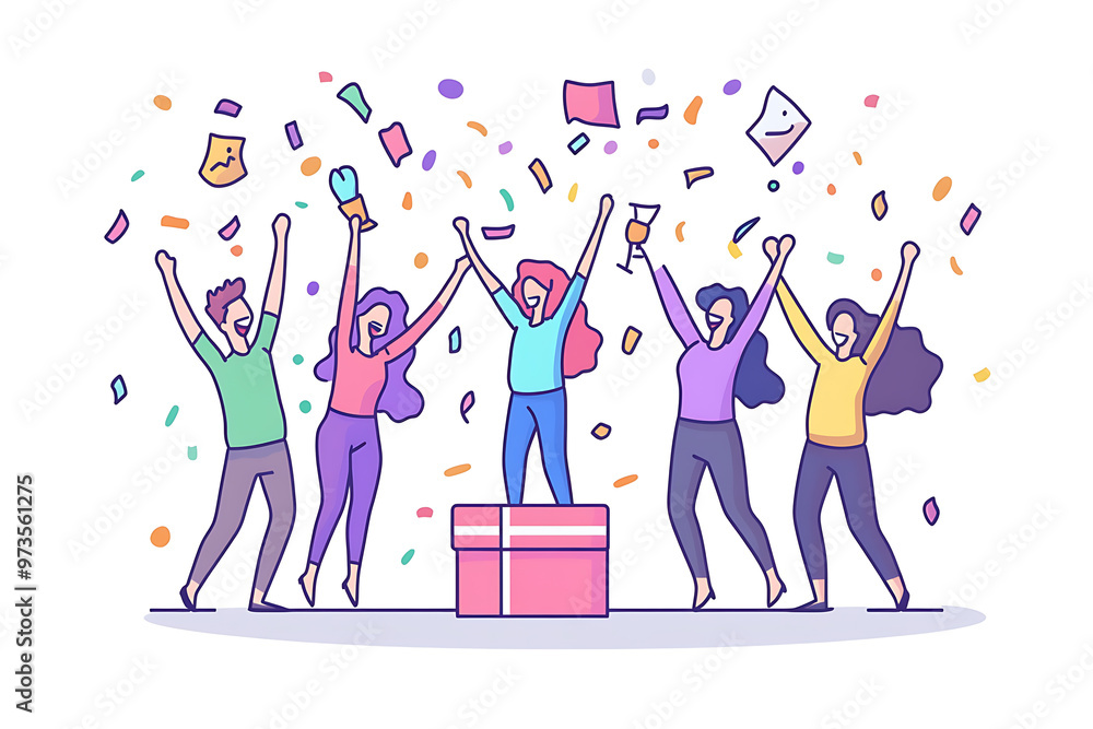 A group of office workers celebrating a successful project with confetti and cheers in a flat art style. The minimalistic design highlights teamwork and achievement A group of office workers celebrating a successful project with confetti and cheers in a flat art style. The minimalistic design highlights teamwork and achievement