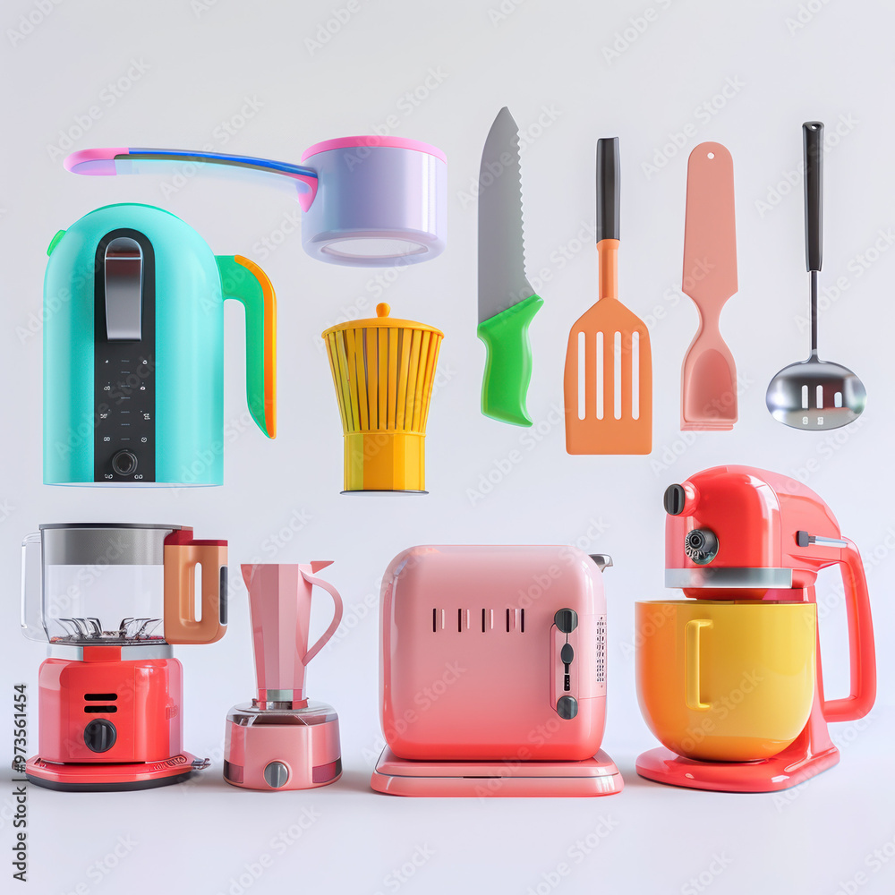 en appliances utensils colorful modern mixer toaster kettle knife spatula ladle pastel vibrant tools domestic cooking retro blender design utensil set culinary tools en appliances utensils colorful modern mixer toaster kettle knife spatula ladle pastel vibrant tools domestic cooking retro blender design utensil set culinary tools