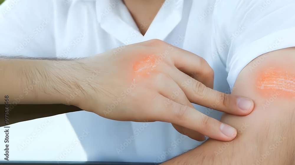 A close-up of a hand applying a soothing cream on an arm with mild irritation, showcasing skin care and healing. A close-up of a hand applying a soothing cream on an arm with mild irritation, showcasing skin care and healing.
