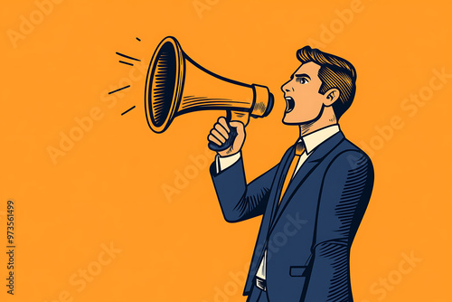 man dressed in a suit shouts into a megaphone, emphasizing communication, leadership, or public announcements. The bold gesture conveys urgency and authority