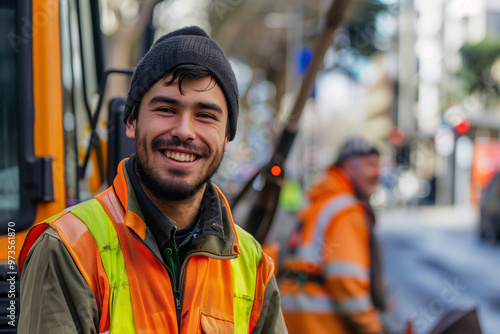 Street Sweeper Cleaner Male Worker Smiling Cleaning Street Near Garbage Truck in Orange Vest for Employment Listings