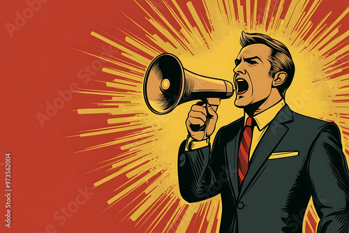 man dressed in a suit shouts into a megaphone, emphasizing communication, leadership, or public announcements. The bold gesture conveys urgency and authority