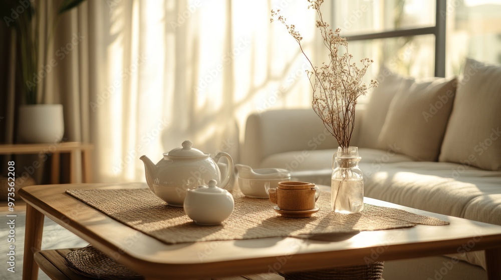 Tea set and vase of dried flowers on wooden table in living room with beige couch. Tea set and vase of dried flowers on wooden table in living room with beige couch.