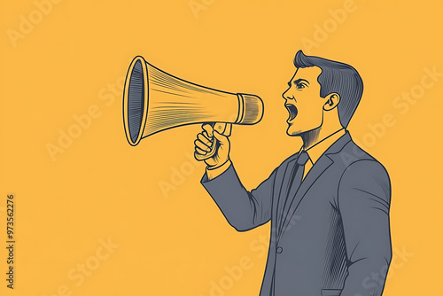 man dressed in a suit shouts into a megaphone, emphasizing communication, leadership, or public announcements. The bold gesture conveys urgency and authority