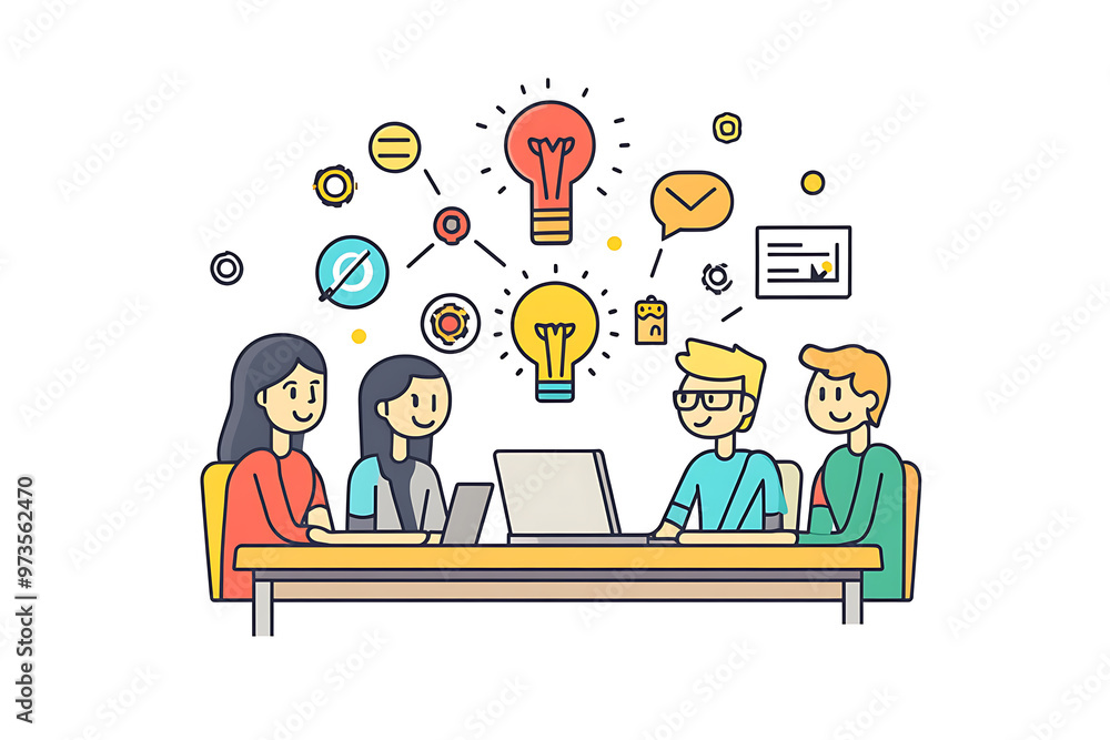 A group of people gathered around a table, engaged in a discussion about innovative ideas, with a laptop at the center. The scene highlights teamwork, collaboration, and creativity and ideas A group of people gathered around a table, engaged in a discussion about innovative ideas, with a laptop at the center. The scene highlights teamwork, collaboration, and creativity and ideas