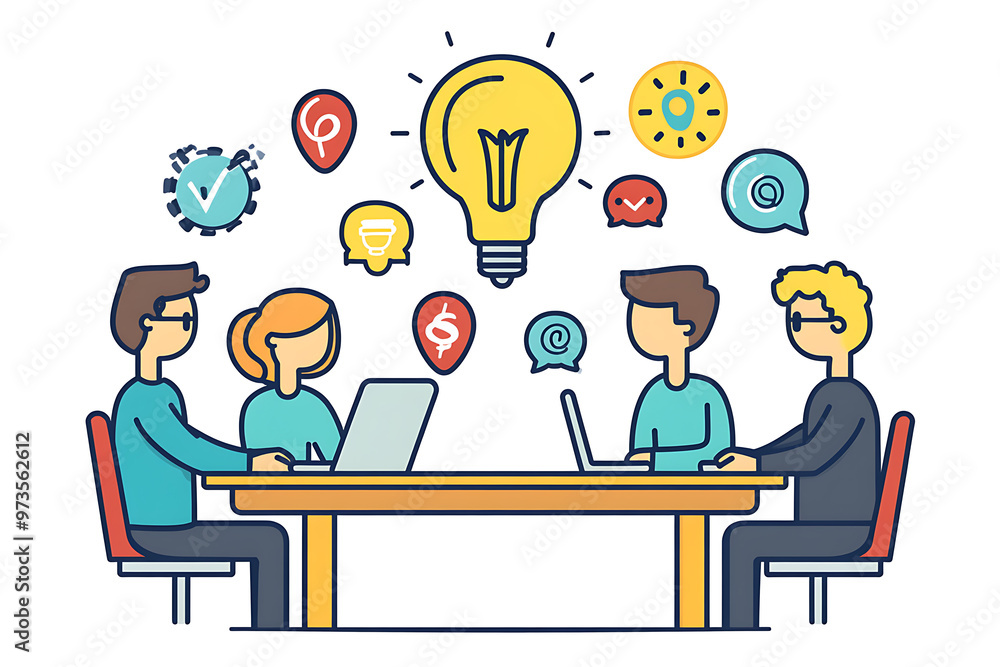 A group of people gathered around a table, engaged in a discussion about innovative ideas, with a laptop at the center. The scene highlights teamwork, collaboration, and creativity and ideas A group of people gathered around a table, engaged in a discussion about innovative ideas, with a laptop at the center. The scene highlights teamwork, collaboration, and creativity and ideas