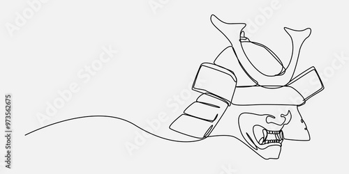 Continuous one line drawing of kabuto helmet and menpo mask. Japanese, samurai, traditional, protection concept. Editable stroke vector.